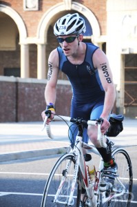 Making an aggressive pass at the start of the bike leg.